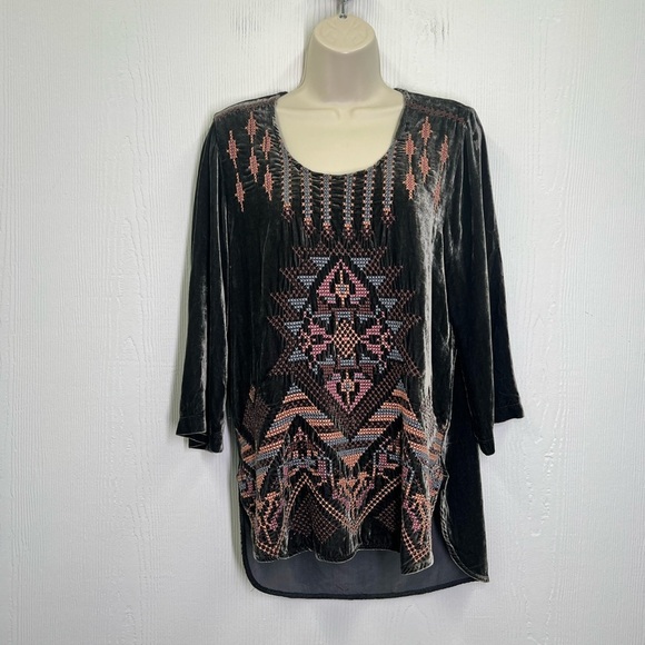 Johnny Was - Colorful Grey Crushed Velvet Scoop Long Sleeve Blouse Small - Picture 3 of 11